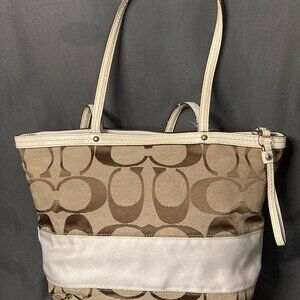 Coach Khaki Brown Cream Signature Jacquard Striped Tote